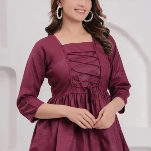 Woven Cotton A Line Kurti in Wine